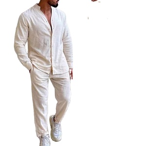 Set da <span class=keywords><strong>uomo</strong></span> <span class=keywords><strong>in</strong></span> <span class=keywords><strong>lino</strong></span> primavera autunno abito per il tempo libero camicie e pantaloni a maniche lunghe set due pezzi <span class=keywords><strong>abbigliamento</strong></span> moda <span class=keywords><strong>uomo</strong></span> - Product Image 1