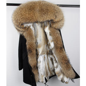 Envío Directo MAOMAOKONG Abrigo Largo de <span class=keywords><strong>Mujer</strong></span> con Forro de Piel de Conejo Rex Natural, <span class=keywords><strong>Parka</strong></span> con Cuello de Piel de Mapache, Chaquetas de Piel - Product Image 4