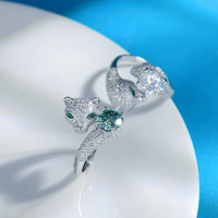 Bague ajustable pour femme en argent sterling S925 avec moissanite multicolore 2 carats, plaqué rhodium, motif tête de léopard et sertissage griffe