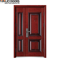 Porte de sécurité antivol moderne en acier à grain de bois rouge, simple/double battant, pour écoles, dortoirs, hôtels, villas extérieures, à commande manuelle