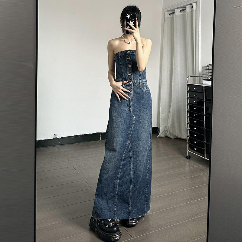 Gaun Denim panjang bahu terbuka wanita, gaun Denim panjang pinggang  Off-Shoulder Prancis seksi mode baru musim gugur 2023 dengan cetakan Digital