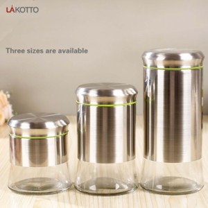 Tarro de almacenamiento interno de vidrio transparente con revestimiento de acero inoxidable redondo multifunción, con tapas de acero inoxidable, tarro de almacenamiento de alimentos de vidrio - Product Image 4