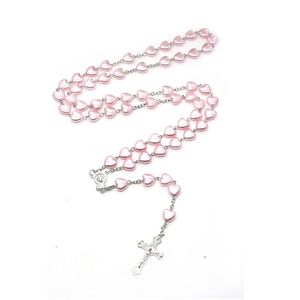 Kalung liontin salib Yesus perhiasan hati merah muda manik-manik kristal grosir untuk agama Katolik