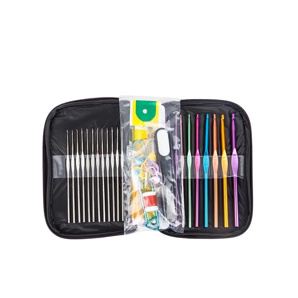 Ganchos de ganchillo con mango de aluminio multicolor mixto profesional, 22 Uds., agujas de tejer ergonómicas, juego de hilos de tejido para principiantes