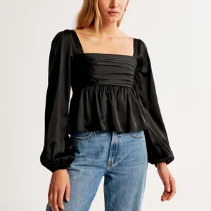 Wholesale Clothing Manufacturers Women's Custom Long Sleeves Square Neck Top Elegant Classic Black Satin Ruffle Shirt Blouse