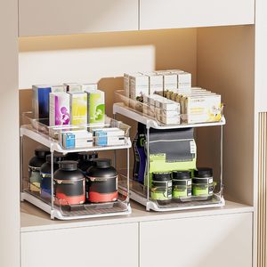 Organisateur multifonctionnel à 2 niveaux coulissant sous l'évier avec tiroir, gain de place pour le rangement des armoires de cuisine et de salle de bain - Product Image 6