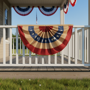 G128 Tea Stained Pleated Fan <b>Flag</b> 1.5x3FT Burlap Embroidered Stars Polyester Hanging Display <b>Flag</b> - Product Image 2