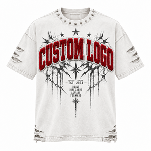 T-shirt rouge surdimensionné avec logo personnalisé, style punk, imprimé floqué déchiré, manches courtes, col rond, streetwear, effet vieilli - Product Image 4
