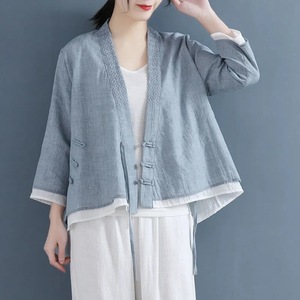 Traditional Chinese Women's Loose Fit Cotton Blouse Three-Quarter Sleeve Pink Embroidery Top - Product Image 5