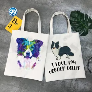 Border Collie tas tangan bercetak seni lucu kartun anjing tas bahu tas tangan belanja kasual tas kanvas elegan wanita