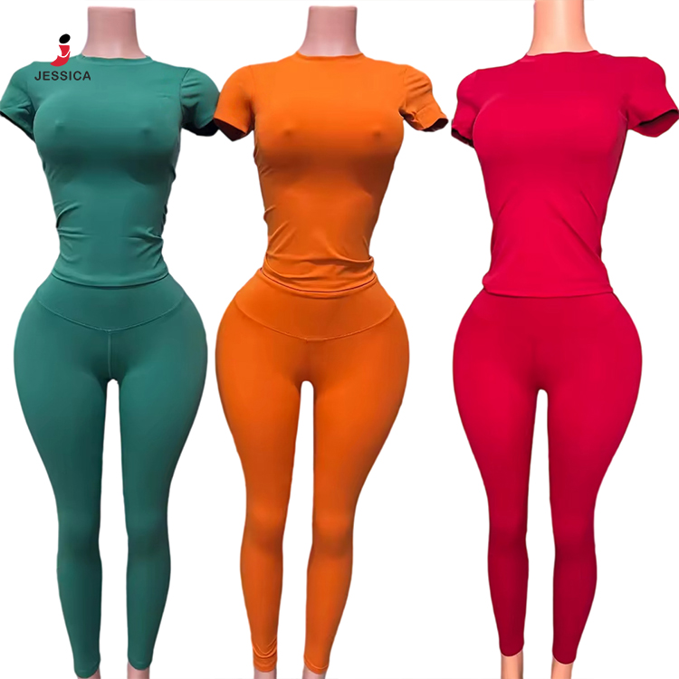 J8455-trendy Solid Color Seamless Legging 2 Piece Set Lady Yoga