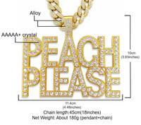 Collier tendance en alliage de zinc avec pendentif PEACH PLEASE en strass, chaîne cubaine dorée pour homme, bijoux de scène pour rappeur hip-hop