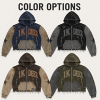 Jaket Hoodie IKDEER Custom Cropped Zip dengan Aplikasi Kain Berumbai Raw Frayed Edge dan Patchwork Multi Tone untuk Pemotretan Video Gaya Retro Street