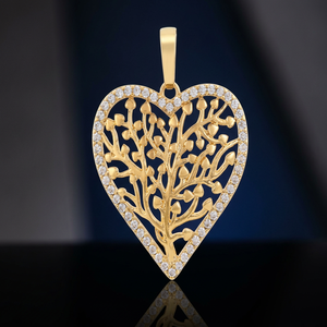 Heart Shaped Yellow Gold Pendant With Round Cut Natural Diamond Border And <b>Tree</b> Design For Women's Daily Wear Charm - Product Image 1