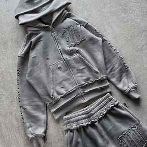 Ensemble survêtement streetwear <span class=keywords><strong>homme</strong></span> en molleton 100% coton, double épaisseur, effet vieilli, en French Terry lourd, avec sweat à capuche et pantalon de survêtement - Product Image 3