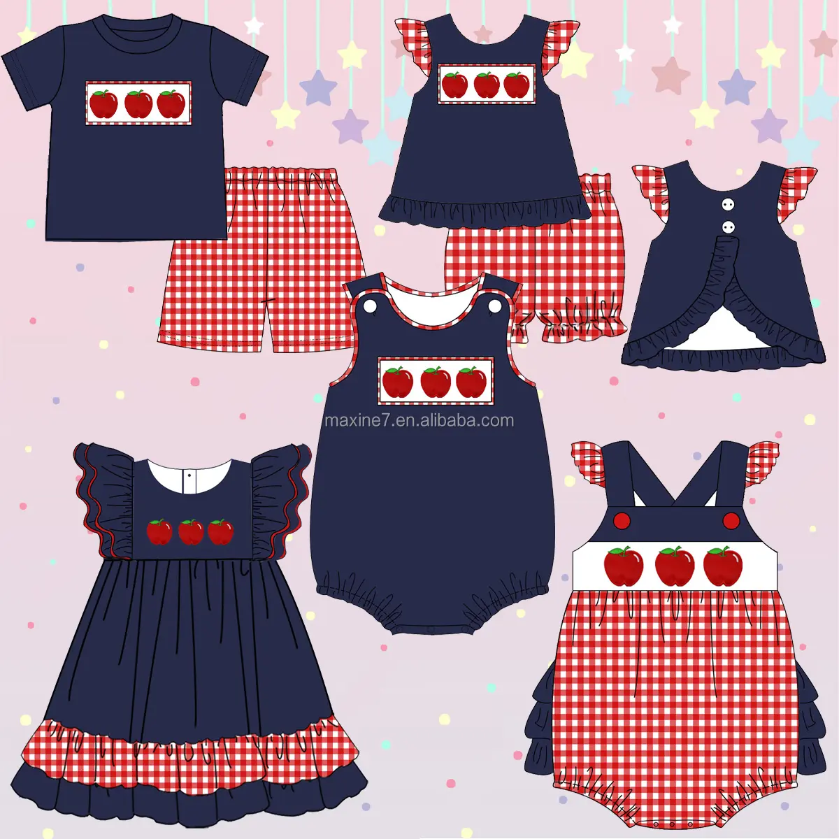 Hochwertige Kinderkleidung Rückkehr zur Schule Stickerei Apfel französischer Knoten Mädchen Outfits Boutique Baby-Girls-Sets