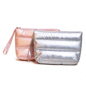 2024 Custom Logo Winter Down Cotton Soft Light Weight Puffer Puffy Fluffy Quilted Makeup Cosmetic Bag Travel Make up Pouch - Product Image 1