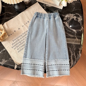 Jeans décontractés en dentelle pour filles, pantalons à jambes larges, pantalons à la mode pour enfants, printemps - Product Image 1