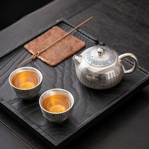 Tetera Xishi de Porcelana Hecha a Mano, Plateada y Dorada, con Dos Tazas de Plata con el Sutra del Corazón de la Dinastía Tang, Juego de Té Kung Fu - Product Image 5