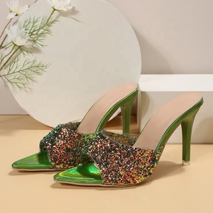 2024 estate nuova moda elegante con paillettes verdi sandali a spillo a punta tacchi alti sottili <span class=keywords><strong>pantofole</strong></span> da <span class=keywords><strong>donna</strong></span> - Product Image 4