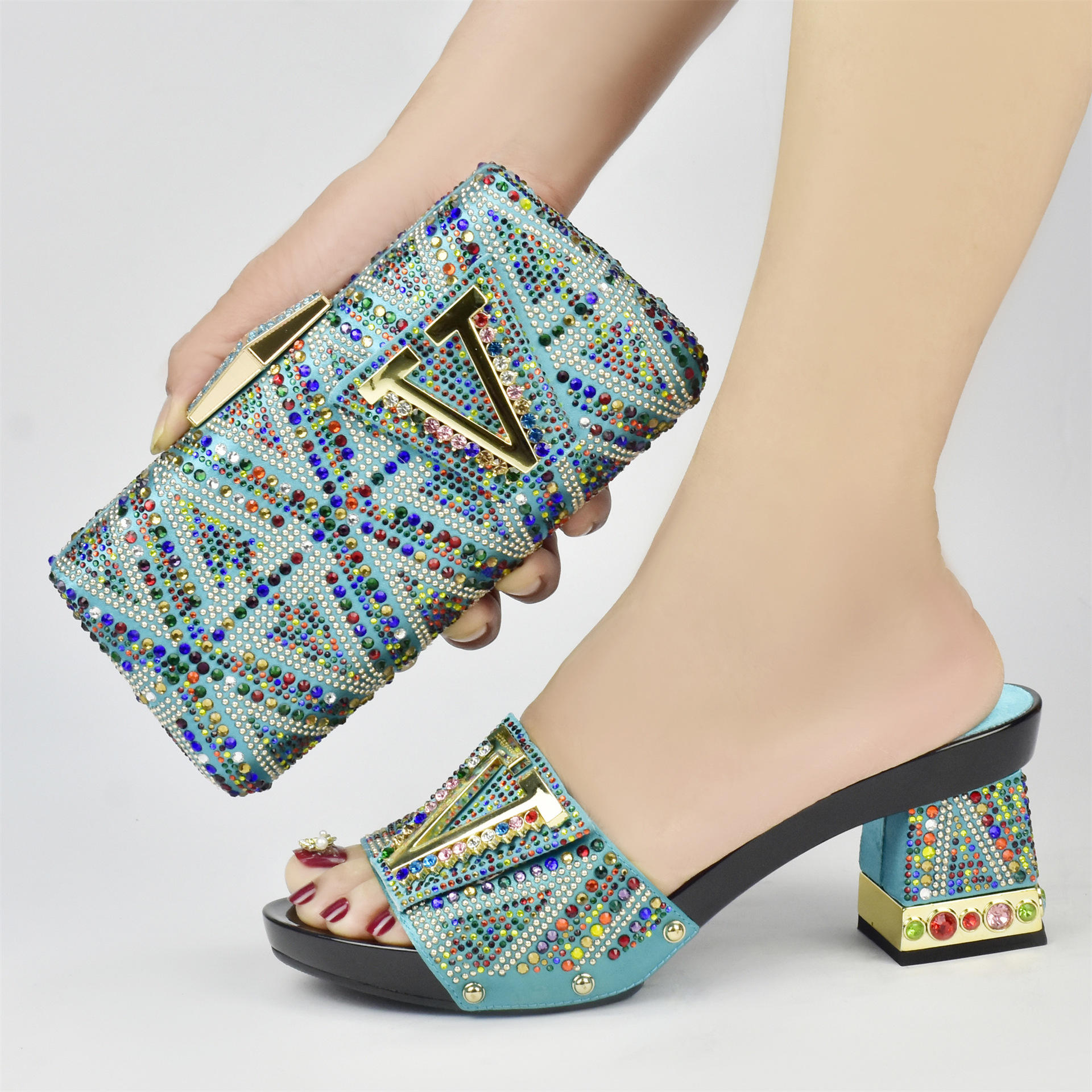 African Italian Women'S Evening Shoe Party Shoes and Bag Set Teal