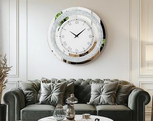 Silver Round Mirror <b>Clock</b> Crystal Crush Diamond <b>Mirrored</b> Sparkle Twinkle Bling Diamond Decor Large <b>Wall</b> <b>Clock</b> for Decoration - Product Image 3