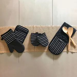 Twill Stripe Sarung Tangan Oven Tahan Panas Set untuk Memasak Baking Melindungi Tangan dan Lengan Berlapis Sarung Tangan Oven Ganda