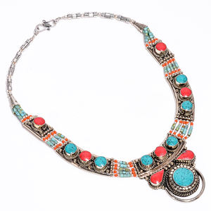 Collar con Colgante de Plata de Rajasthan, Estilo Clásico Antiguo, con Turquesa, Coral y Lapislázuli, Plata de Ley 925, para Compromiso - Product Image 3
