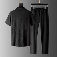 Ensemble Sportif d'Été Homme 2 Pièces : Haut à Manches Courtes Style Polo à Col Rabat et Boutons + Pantalon Long Couleur Unie à Taille Élastique
