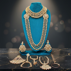 Traditional Heavy Rose Gold Bridal Accessories <b>Set</b> Red Crystal Choker Long Haram Necklace <b>Set</b> with Gemstone Drops - Product Image 3