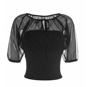 Viviblook Y26TP228 Haut décontracté pour femme, nouveau modèle d'été, sexy, en maille, col rond, manches courtes, patchwork - Product Image 4