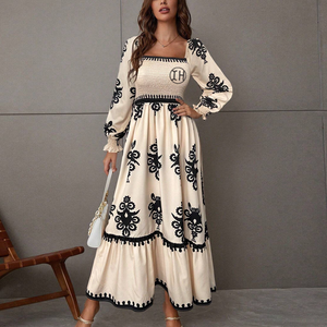 Nhà sản xuất quần áo phụ nữ thanh lịch dân tộc in smocked dài ăn mặc giản dị vuông cổ đèn lồng tay áo khiêm tốn Dresses - Product Image 4