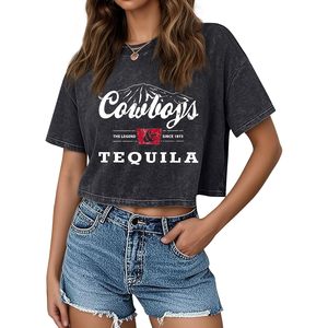 T-shirt court femme FOXA Western Cowboy, motif vintage, en jersey de coton délavé à l'acide, anti-rétrécissement - Product Image 1