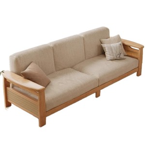 Sofá de Madera Maciza de Tres Plazas en Línea Recta para Sala de Estar, Estilo Chino, Tapizado en Tela de Ratán - Product Image 4