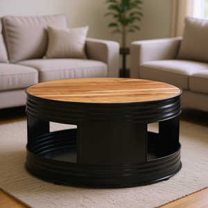 Table basse ronde en bois d'acacia avec structure en métal noir, style industriel moderne, meubles de salon - Product Image 2