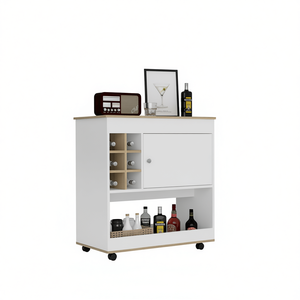 Carrito de Bar de Roble Claro con Seis Compartimentos para Botellas, un Gabinete y Cuatro Ruedas, Portátil para Eventos - Product Image 1