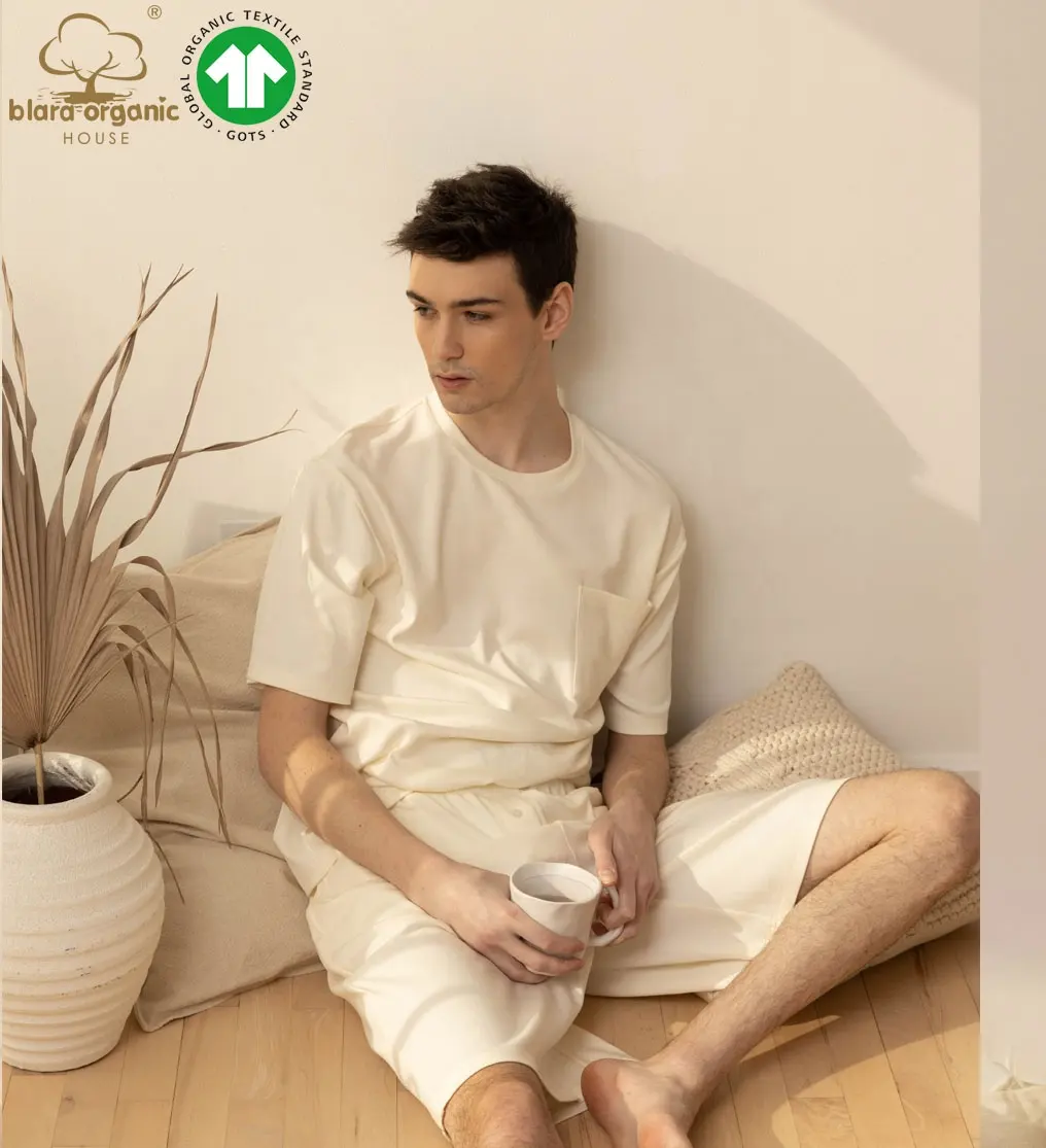पुरुषों के लिए आकर्षक कपास लाउंज शॉर्ट्स सेट पुरुषों के लिए प्राकृतिक रंग लोचदार मॉडल घरेलू शर्ट और पैंट सेट