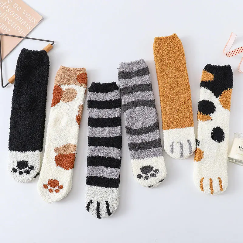 Cat Paw Print Coral Fleece Crew Socks Women Cute Colorful Sweet Warm Winter Floor Sleeping Fuzzy Socks For Girl