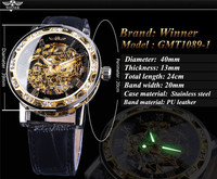 Montres-bracelets Winner pour hommes, montre de luxe avec boîtier transparent doré, design décontracté, bracelet en cuir marron, montres mécaniques squelette pour hommes