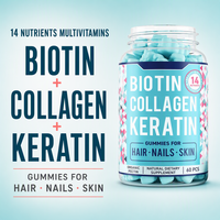 Gummies beauté pour cheveux, ongles et peau avec biotine, collagène, kératine, complément alimentaire, 14 nutriments