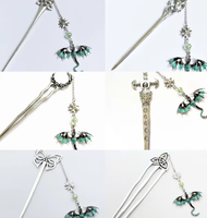 Ensemble de neuf barrettes à cheveux gothiques, finition argent antique, dragon celtique turquoise, pampille tressée, épingle vintage pendante, cadeau