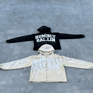 Custom Unisex Vintage Side Stripes Raw Hem Zip Sudadera con capucha Apliques Parche Bordado Recortado Ácido Lavado Sudaderas con capucha - Product Image 5