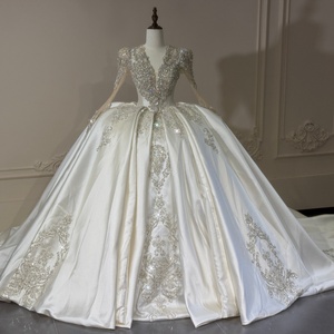 Xs316 Elegant Deep V Neck Crystal Beaded Baroque Scroll Applique Ivory Satin <b>Ball</b> <b>Gown</b> Wedding Dress For Church Jancember - Product Image 1