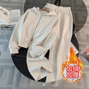 Women's Casual Tracksuit Set Loose Korean Style Jacket Wide Leg <b>Pants</b> Two Piece Solid Color Fleece <b>Lined</b> Plus Size Autumn Winter - Product Image 1