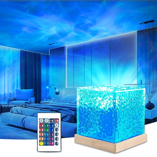 Optical Refraction LED Mini Projector Square Acrylic Water Ripple Lamp USB & Battery Powered for Home Desktop Atmosphere Decor