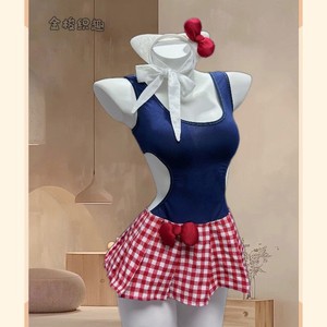 Golden Shuttle Fun Anime Cosplay Cat Dress Costume mignon et doux pour femmes 062 Jupe à carreaux rouge et blanc Haut bleu - Product Image 1