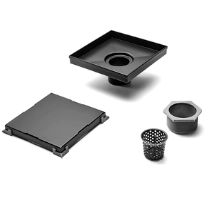 Desagüe de Piso para Baño Moderno de Acero Inoxidable 304 Negro Mate con Brida y Rejilla con Patrón Cuadrado, Alto Caudal - Product Image 2