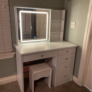 Coiffeuse en bois blanc brillant, Design élégant, coiffeuse, <span class=keywords><strong>Table</strong></span> de maquillage avec écran tactile, miroir LED pour chambre de fille - Product Image 3