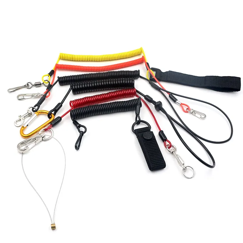 Pabrik disesuaikan memancing Lanyard tiang pancing gulungan pengaman Lanyard kawat baja ditarik di dalam TPU PVC penutup alat Lanyard