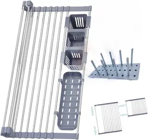 Expandable 13 Tubes 18 Tubes Foldable Drainer Rack Over Sink Upgraded Kitchen Rolling Adjustable Roll Up Dish Drying Rack